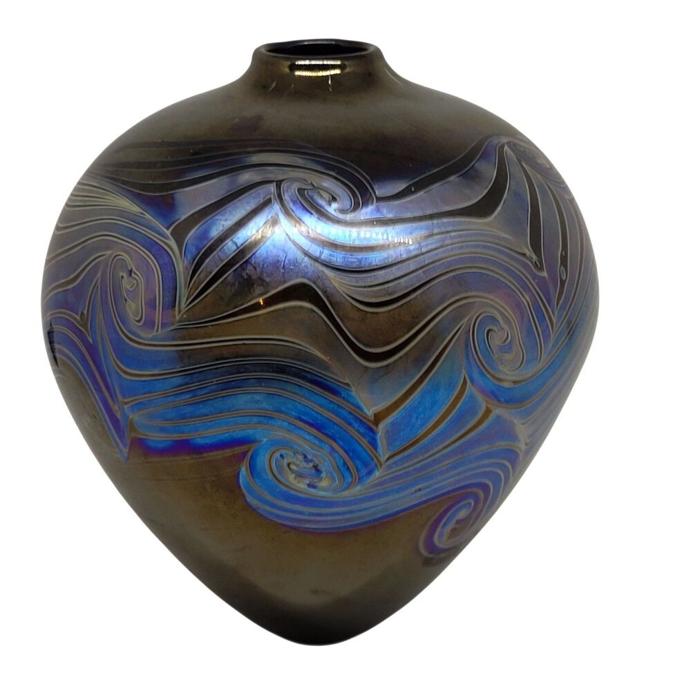 1998 Iridescent Art Nouveau Inspired Glass Vase Signed DJS 98 Bulbous Shape